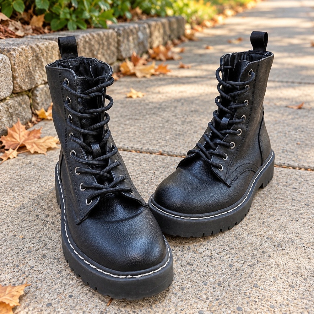 Sincerely Jules Harley-2 Black Combat Boots Platform Lug Sole Lace Up Side Zip 8